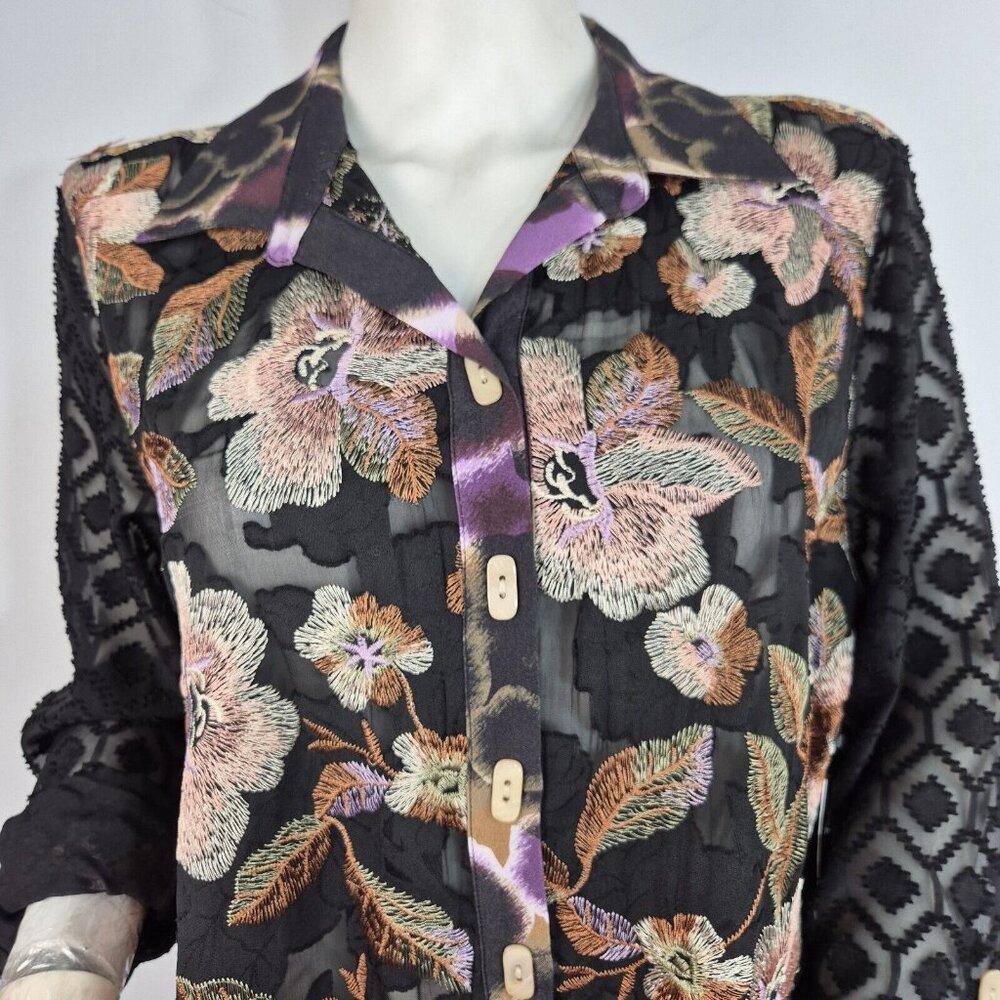 John Mark Women's Blouse Size M Embroidered Floral Black Tunic Top  Shirt (29) - Picture 4 of 16